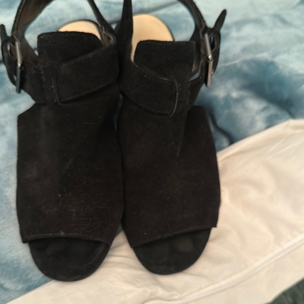 Nine West | black suede peep toe booties with a buckle